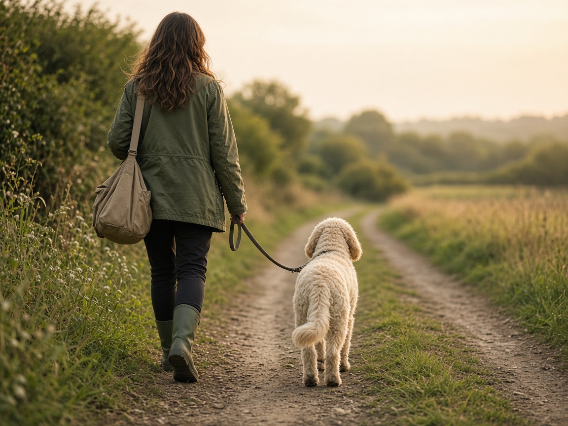 A calm countryside walk with a well-cared-for dog