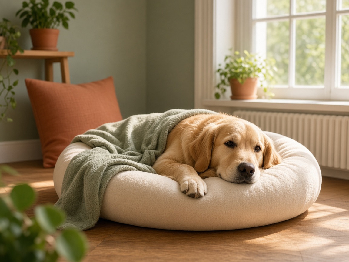 Relaxed dog resting comfortably in a home environment