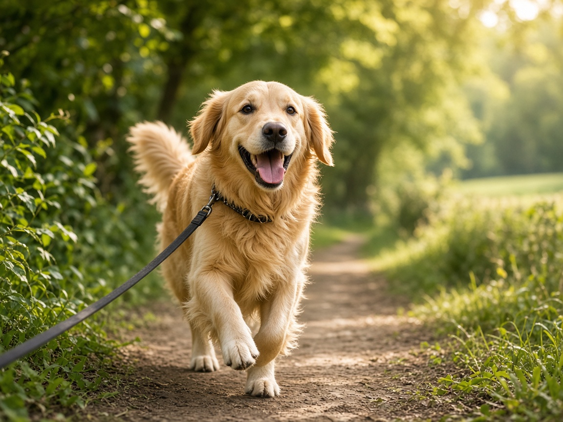 Happy dog on a countryside walking path